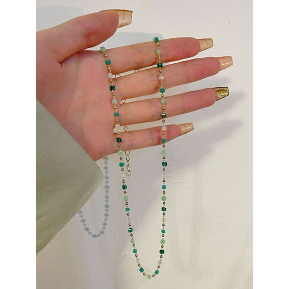 Emerald Green Crystal Stone Bead Chain Choker Adjustable Necklace Goldtone 16" - Picture 7 of 8